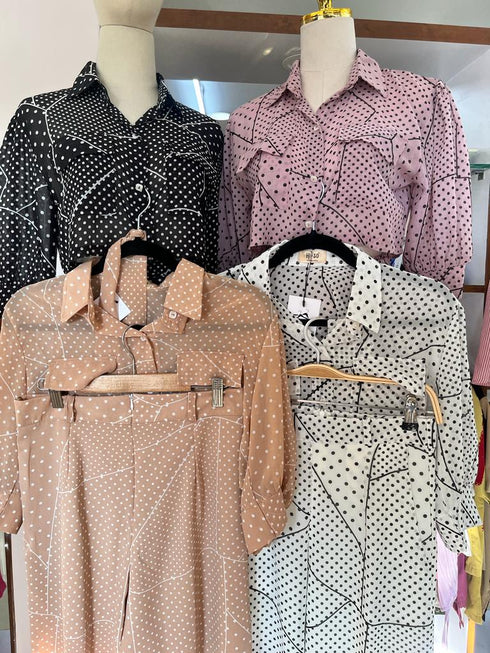 Hi-so Polka Dote Collar Crop Shirt With Fitted Pants